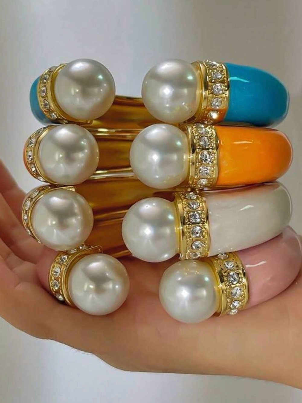Gold Pearl-Accent Enamel Bangle Bracelet - Blue, Orange, White, or Pink